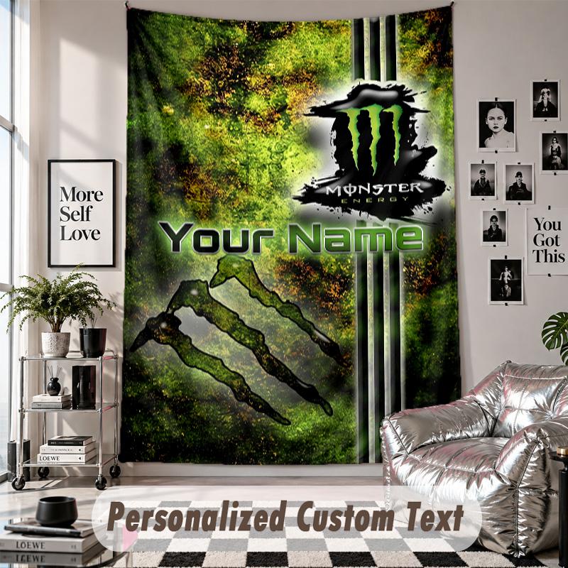 Wall Hanging Tapestry With Custom Name & Text, Monster Energy Decorative Tapestry For Bedroom