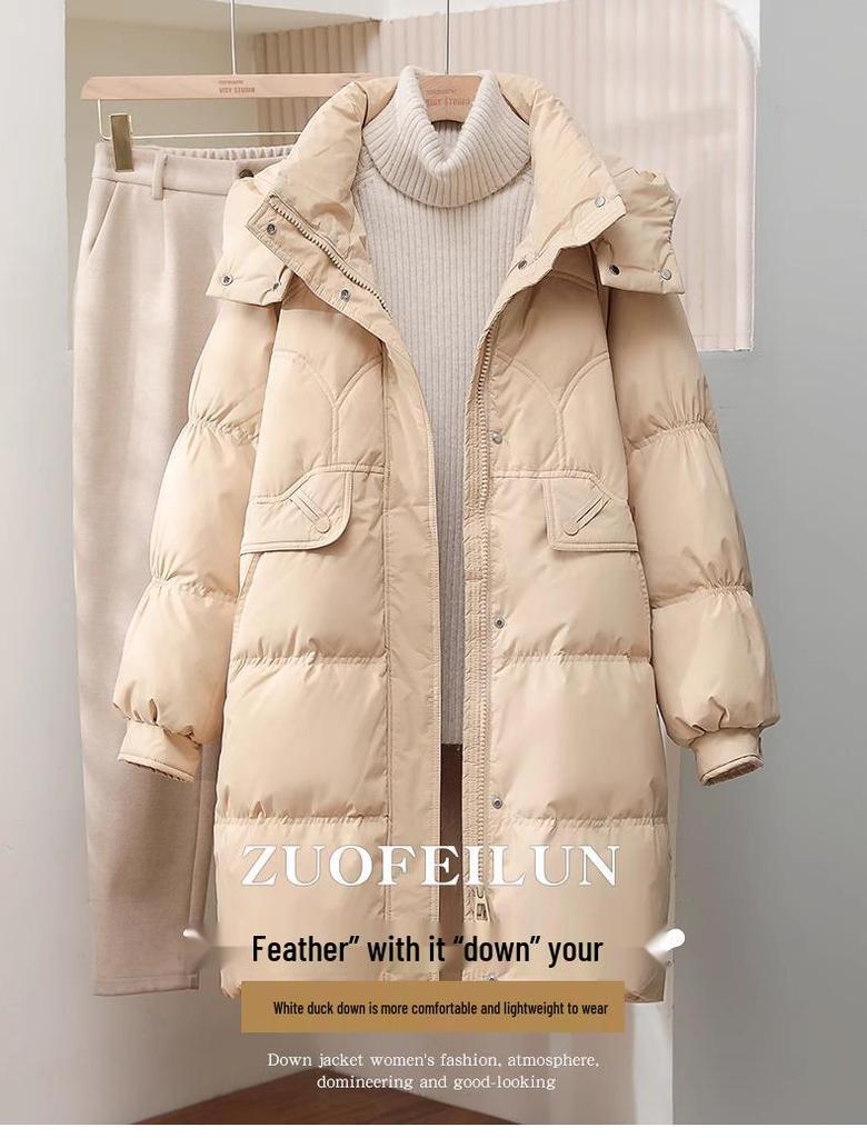 Women's 2025 Slimming Mid-Length Hooded Winter Down Jacket - White Duck Down, Thick, Fashionable, Petite Fit