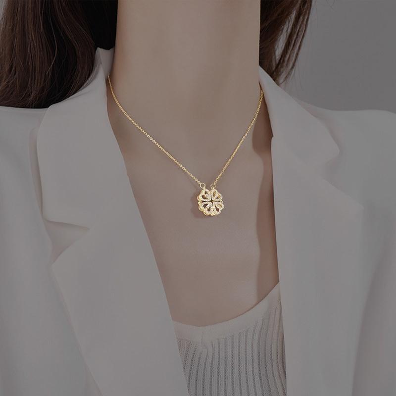 Heart Shaped & Four Leaf Clover Convertible Pendant Necklace Advanced Sense Necklace Crystals Jewelry for Women Girls