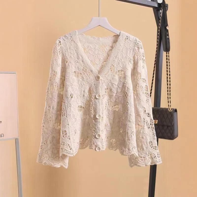 Women's Bohemian Hollow Knit Cardigan - Cotton Short-Sleeve, Lightweight for Spring/Summer