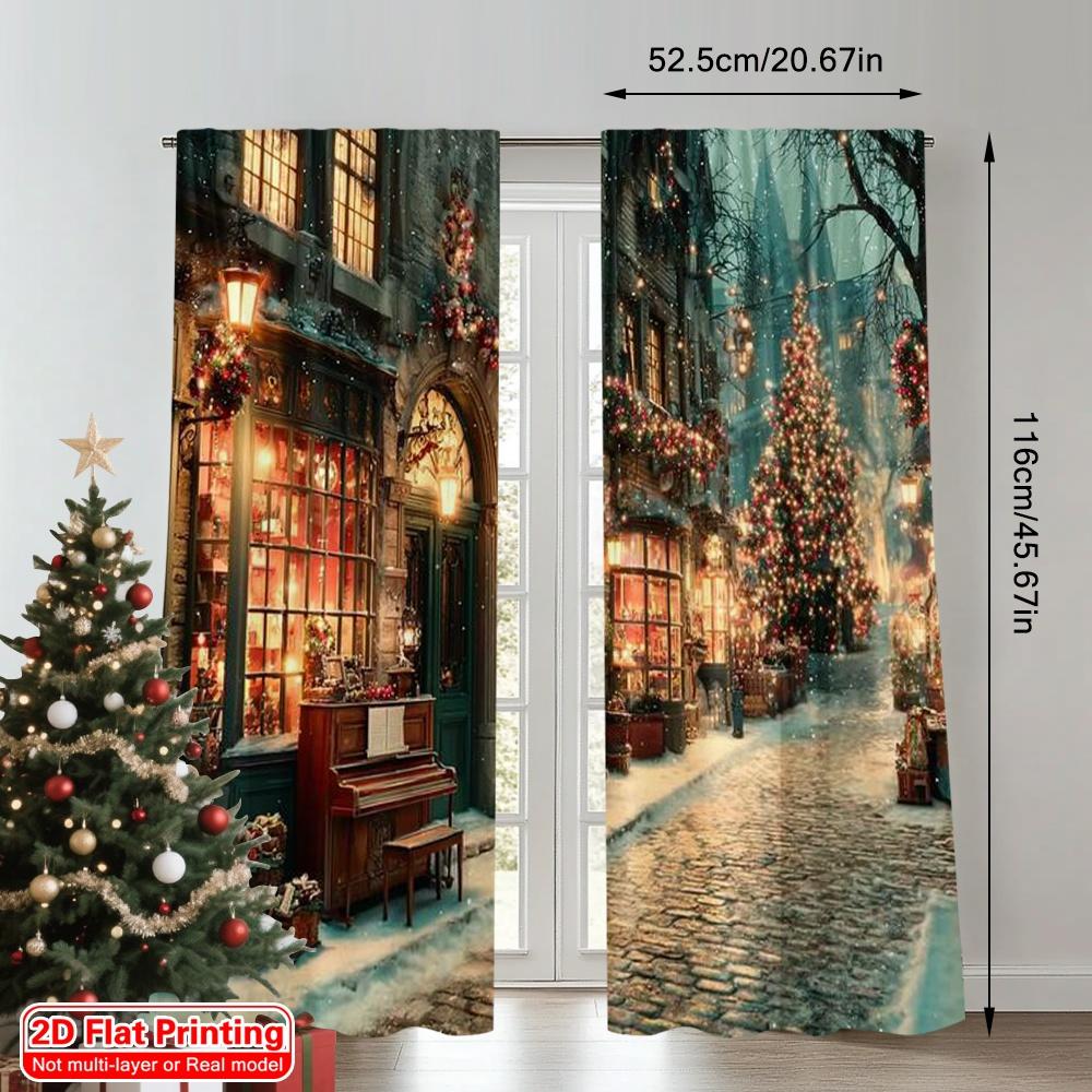 2pcs 2D flat printing Merry Christmas Curtains snowy street scene Durable 100% Polyester Fabric Without Electricity Festive