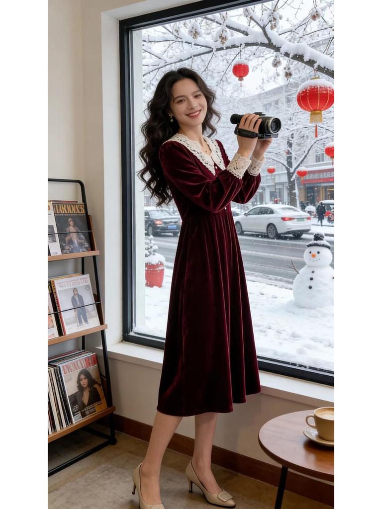 Velvet Midi Dress for Women - Waist-Cinched, Slimming, Plus Size, Thickened, Fleece-Lined, Casual Autumn/Winter Wear.