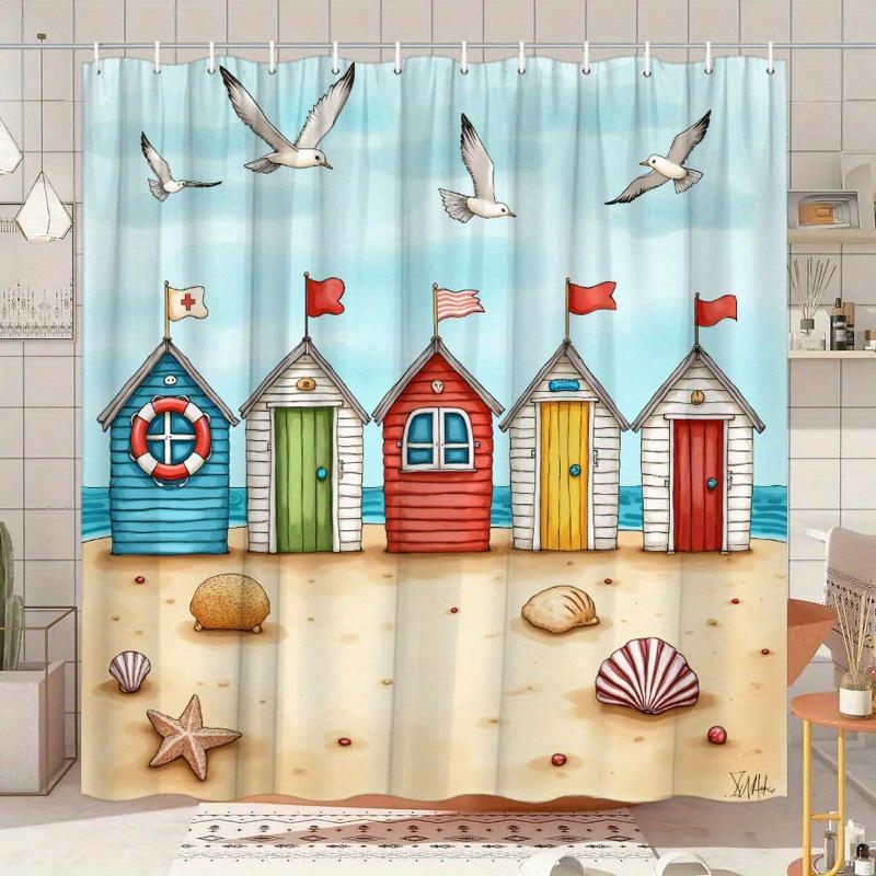 

Seaside Scene Shower Curtain - Beach Huts & Nautical Theme, Cheerful Coastal Vibe, Polyester, Colorful Beach Decor W90XH180cm
