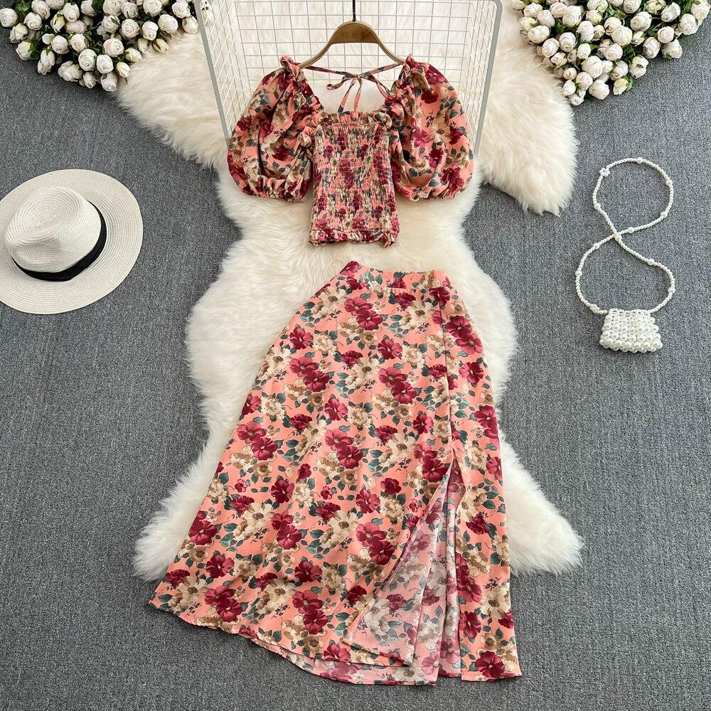 Seaside Holiday Suit Women's Neck Slim Short Top Two Piece Set High Waist Floral Split Skirt Summer New