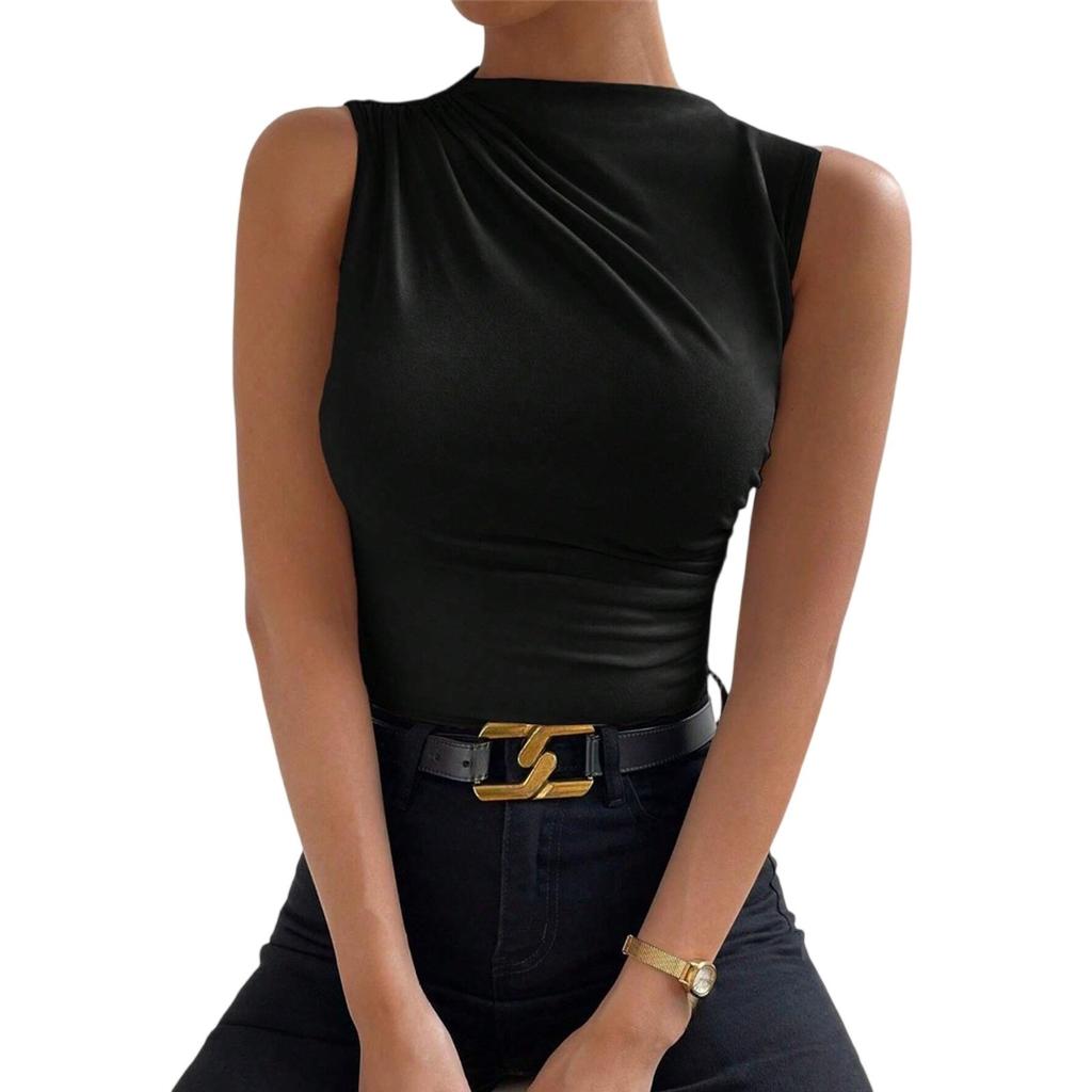 Sleeveless Tops For Women Casual Mock Neck Slim Fitted Ruched Shirts High Neck Summer Shirt Tops