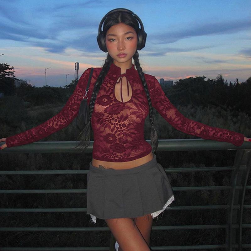 European & American Women's Sexy Lace See-through Long-Sleeve Top - Spring/Summer Fashion