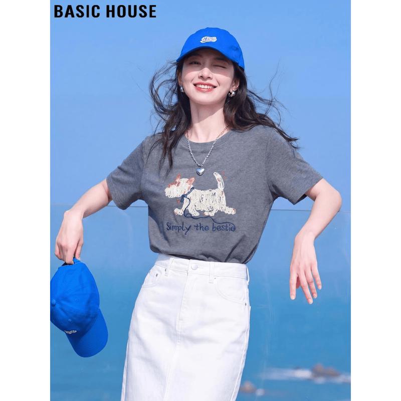 Basic House Women s Embroidered Dog Short Sleeve T-Shirt XL