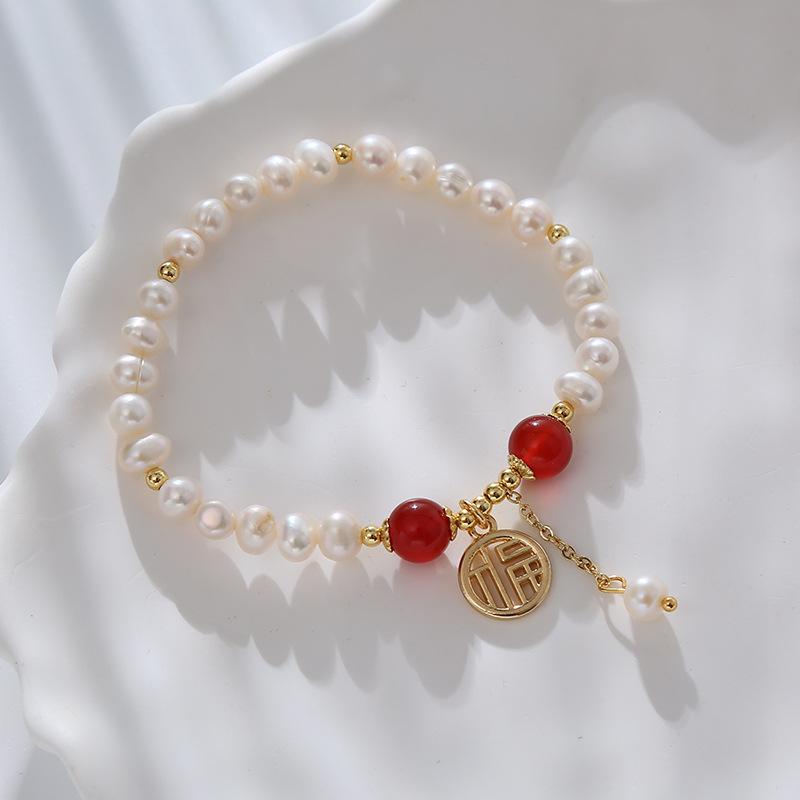 Red Agate Engraved Freshwater Pearl Bracelet Fashion Women Daily Jewelry Lucky Gift