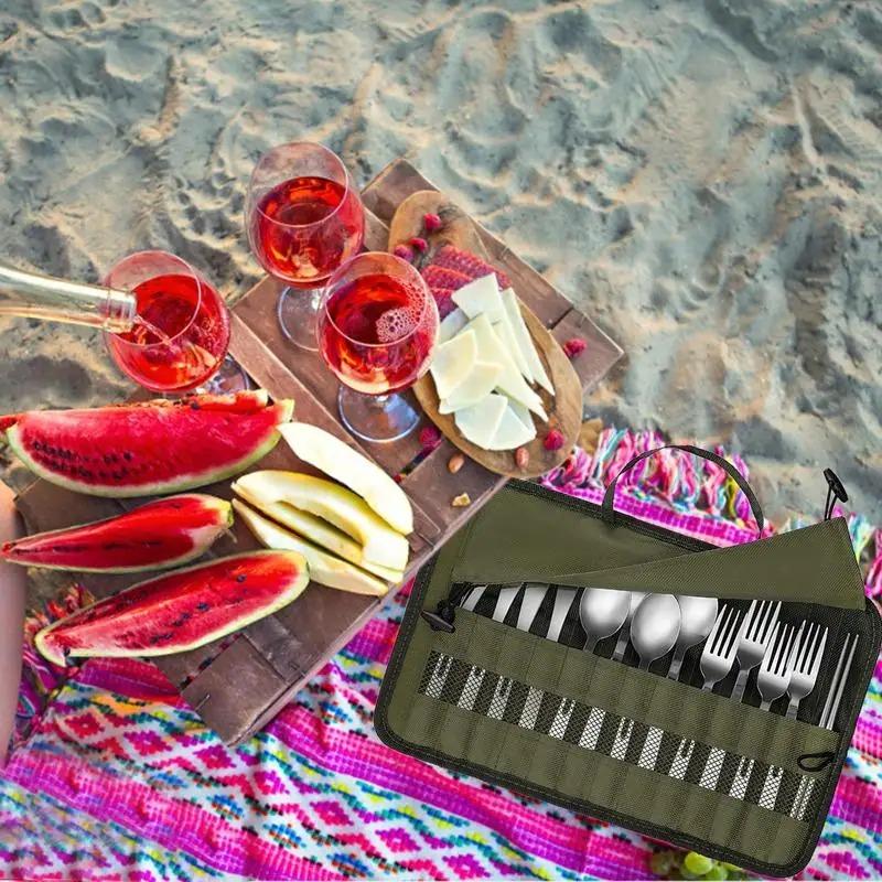 Torba do przechowywania zastawy stołowej na zewnątrz, przenośna, zwijana torba z poliestru na sztućce, na kemping, grill, podróż, plażę.