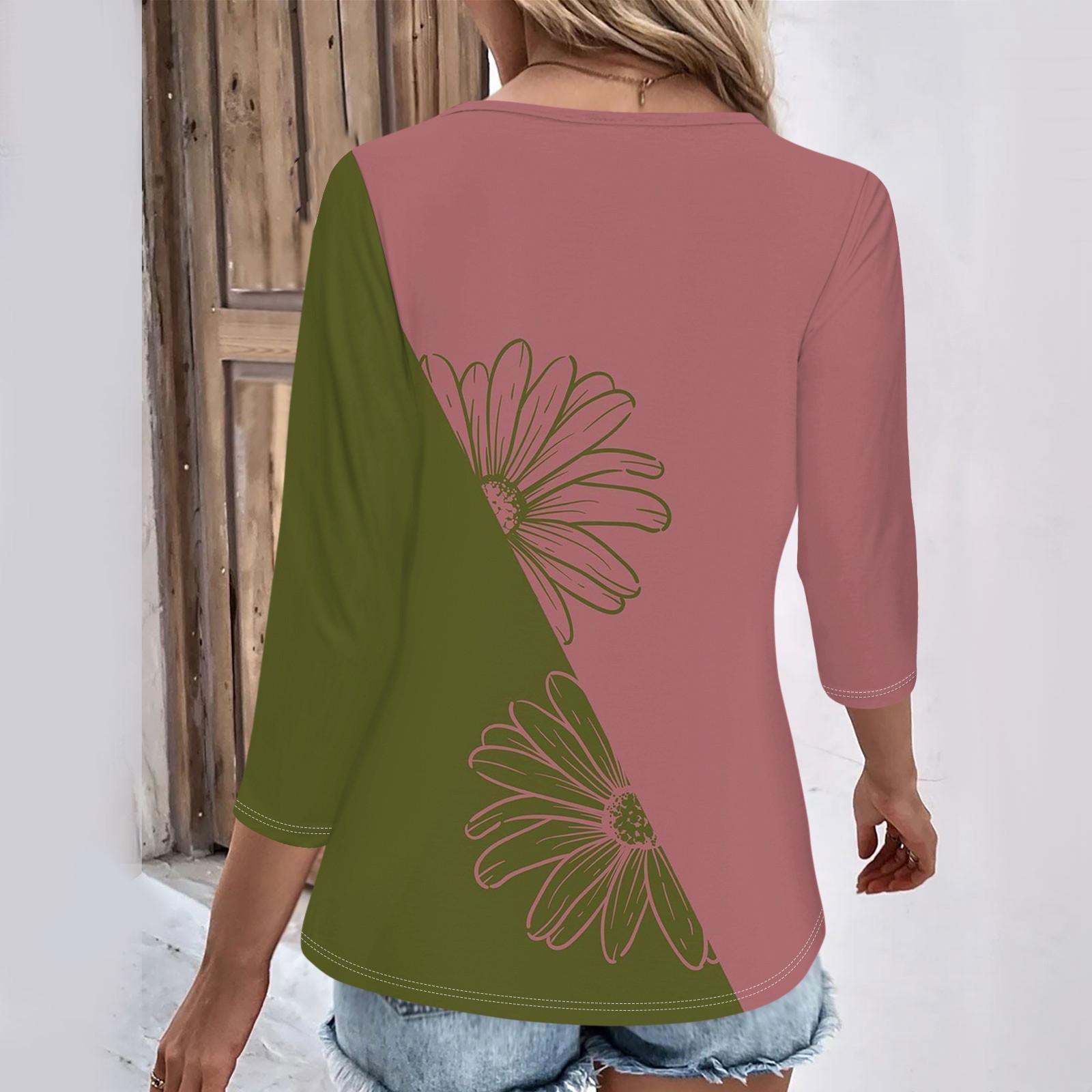 Женские повседневные футболки с рукавом 3/4 для выходных с V-образным вырезом и принтом — фото 5