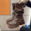 Damenstiefel 2026 Frühling Herbst Braun Maillard Retro Neue Absatzsteigerung Bequem Rutschfest Mode Gürtelschnalle Stiefel