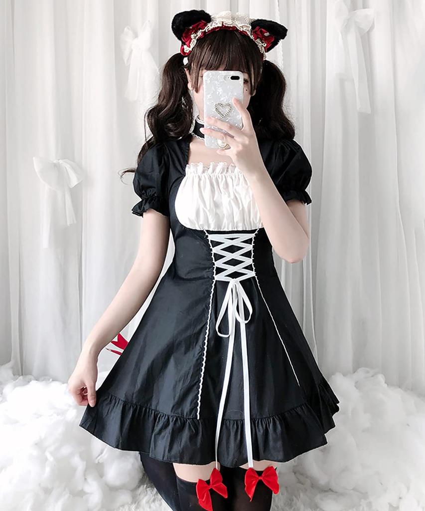 Robe Lolita pour femme Milky Time avec manches bouffantes, ras-du-cou et longueur mini, noire, costume de cosplay