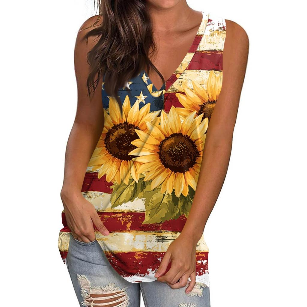 Women's Casual Fashion V-Neck Sleeveless Pullover Top Independence Day Printed Vest T-Shirt