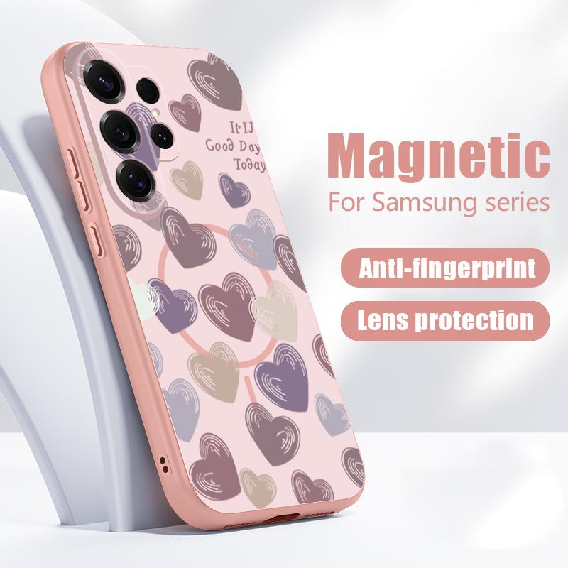 Magnetic For Magsafe Case For Samsung Galaxy S26 Ultra S25 Edge S24 Plus S23 FE S22 A54 A55 A56 5G Candy Color Love Hearts Pattern Matte Cover