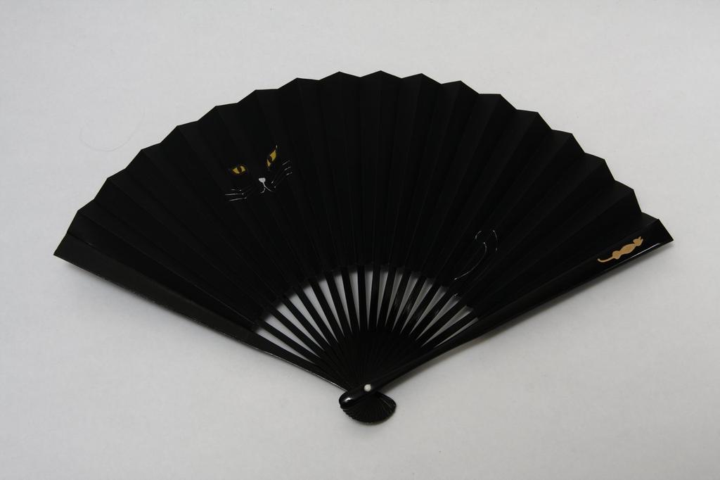 Hasegawa Kyoto Fan with Cat Pattern, Black Dyed Washi Paper, with Bag and Presentation Box, Made in Japan
