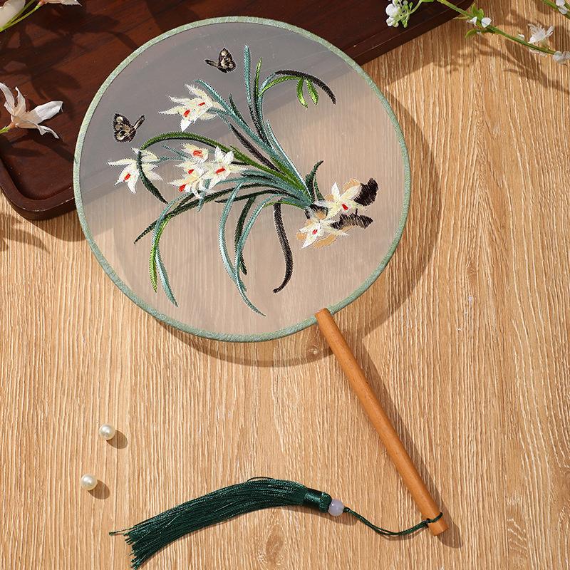 China Fan  Semi-Transparent Long Handle Tassel Dance Fan Female Costume Hanfu Cheongsam Embroidery Small Round Fan