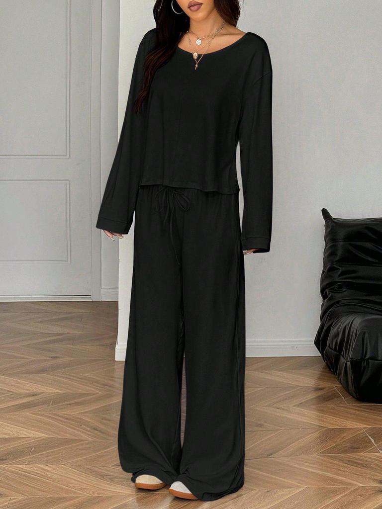 European & American Women's Solid Color Long Sleeve Top & Wide Leg Pants Two-Piece Casual Set - Spring Lazy Style