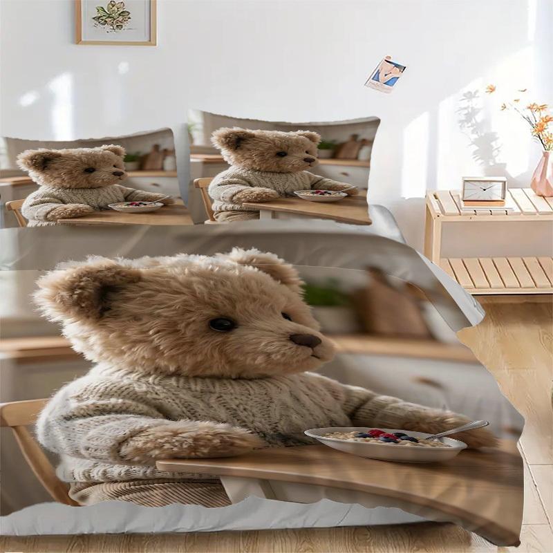 3pcs Anime Teddy Bear Bedding Set - Includes One Quilt Cover and Two Pillowcases (No Core) - Home Decor, Holiday Gift, Polyester Fabric, Ani
