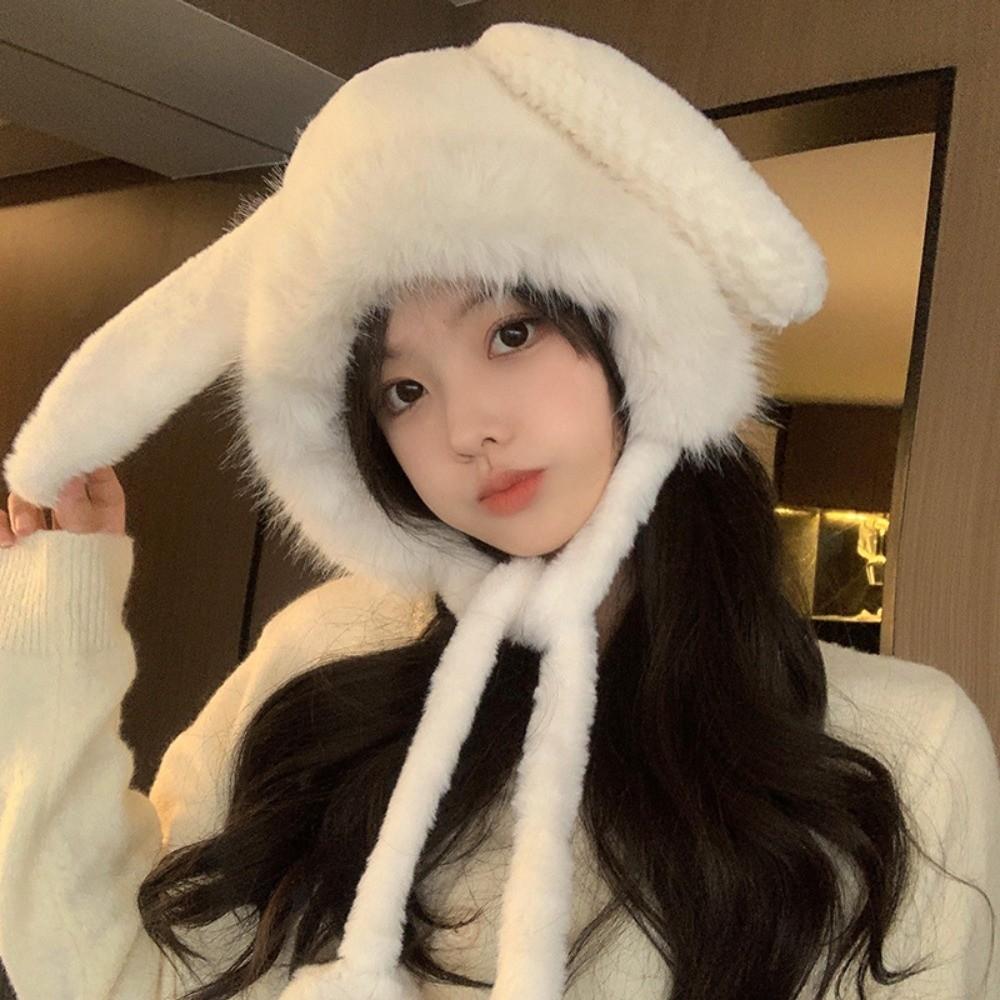 Ear Protection Plush Winter Hat Lacing Woolen Bucket Hat New Bear Ears Hat Women