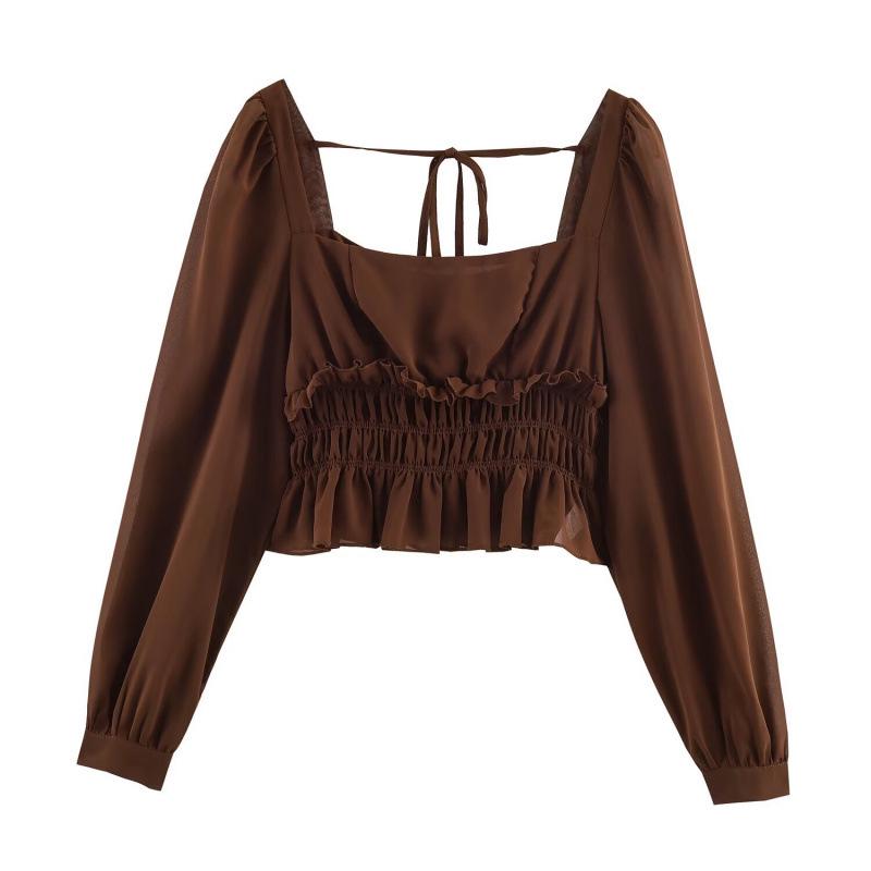 

2026 Spring European & American Style Square Neck Smocked Waist Lantern Sleeve Crop Top Large