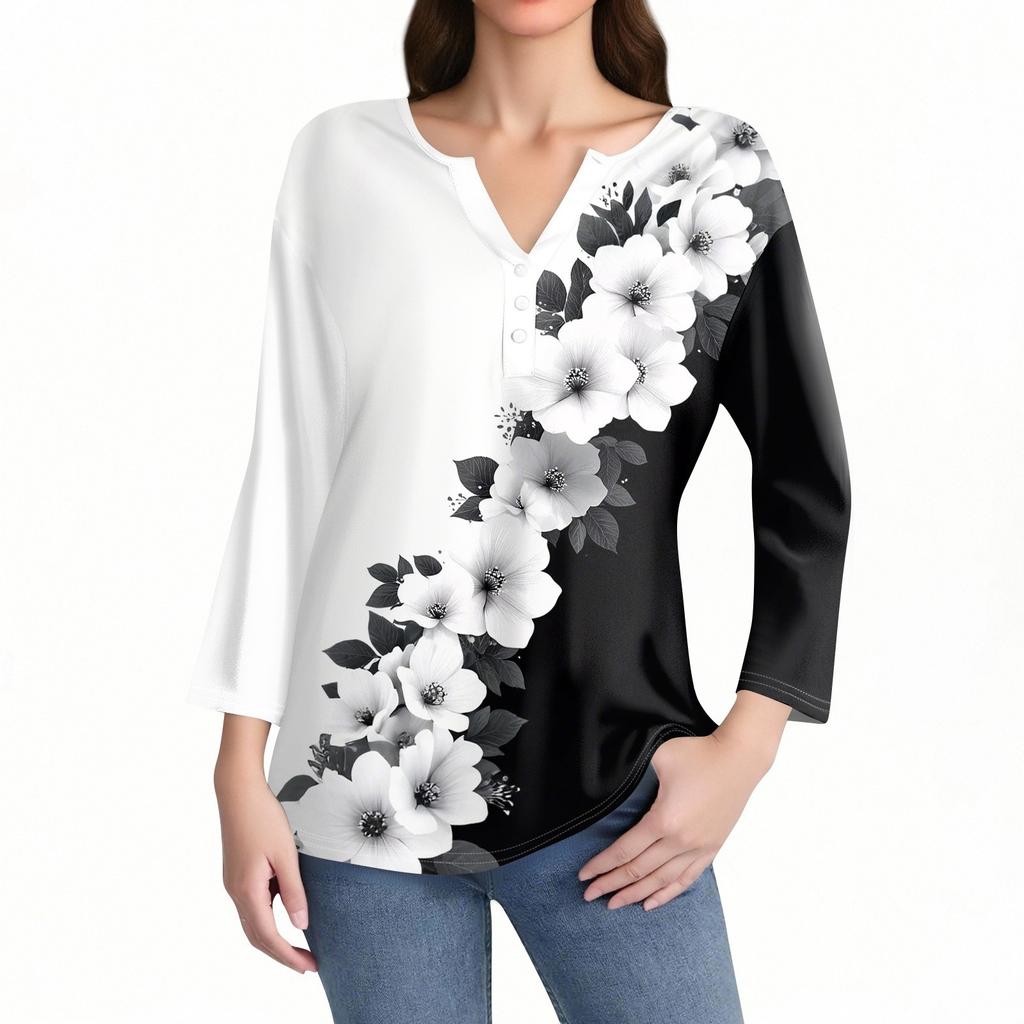 Damen T-Shirt mit Aufdruck, Knopfleiste, 3/4-Ärmel, für den Alltag, Wochenendmode, Basic, V-Ausschnitt, normales Oberteil