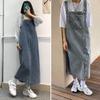 Robe en jean à bretelles sans col, ample, dos nu, sans manches, poches latérales, ourlet fendu, couleur unie, bandoulière réglable, robe mi-longue pour étudiante