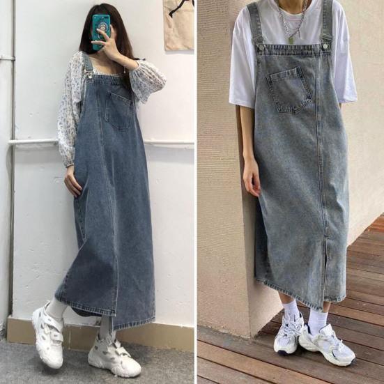 Robe en jean à bretelles sans col, ample, dos nu, sans manches, poches latérales, ourlet fendu, couleur unie, bandoulière réglable, robe mi-longue pour étudiante