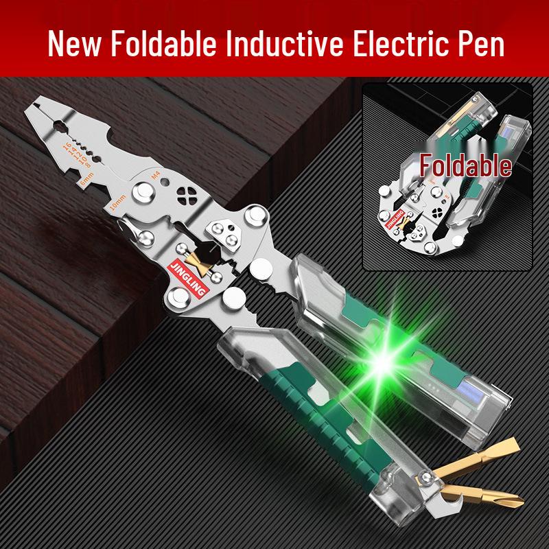 Electrician's Multifunction Tool: Pen-Style Wire Stripper, Cutter, Crimper, and Foldable Screwdriver.