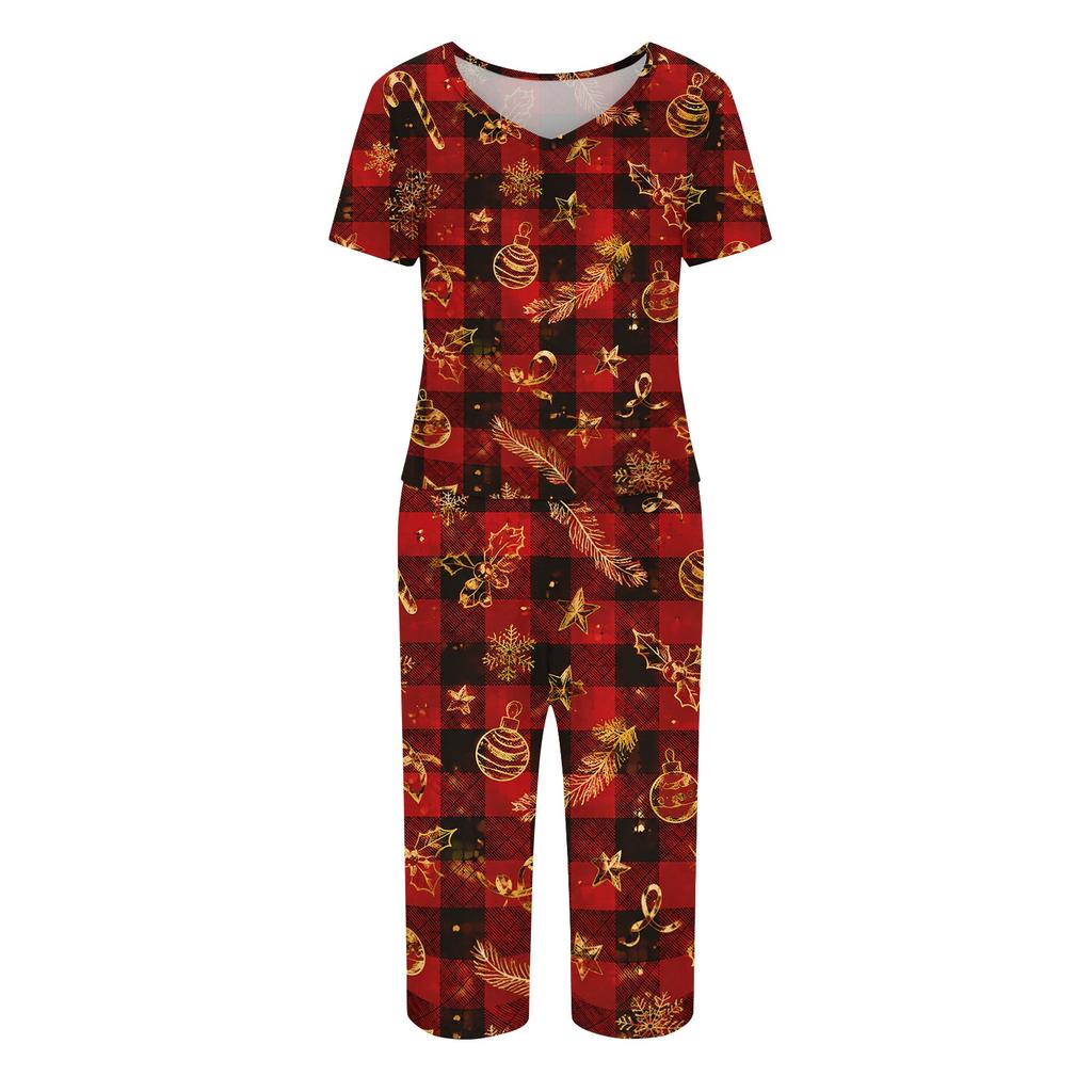 Women's Casual Christmas Print Two Piece Athletic Set Short Sleeve Top and Pants