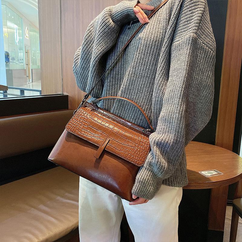 Genuine Leather Crocodile Pattern Cross-span Bag New Fashionable Niche Handbag Oil Wax Leather Women's Shoulder Bag