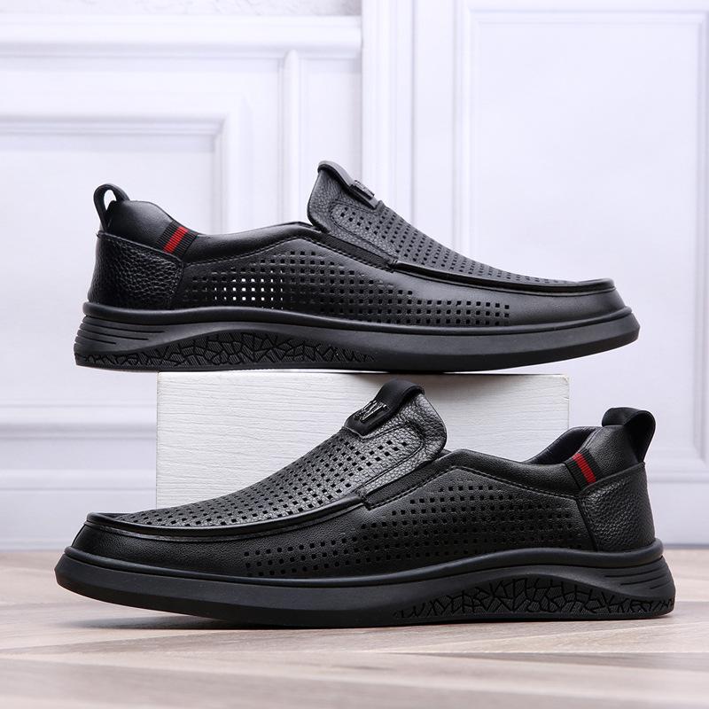 Sandals Men'S Summer Breathable White Hollow Leather Shoes Hole Shoes Casual Leather Dad Shoes Leather Sandals