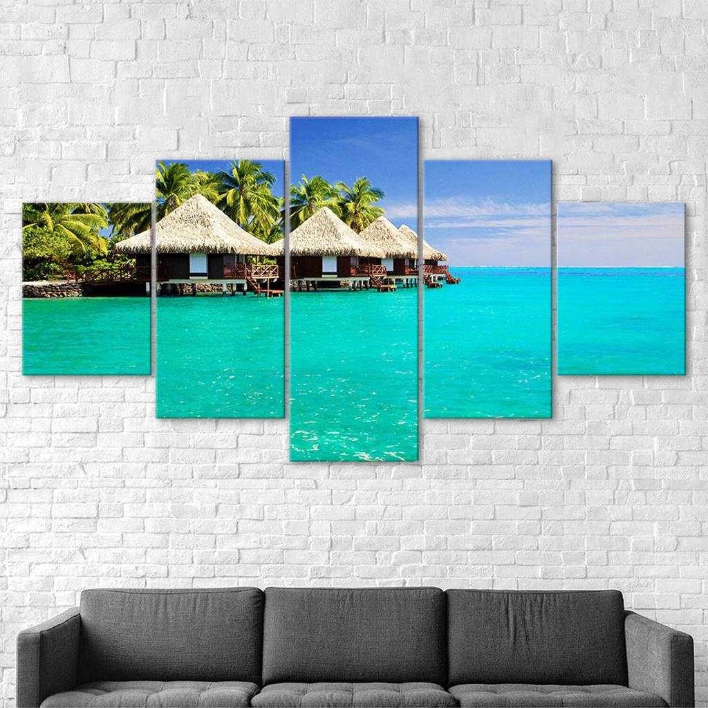 Maldives Island Palm Trees Resort Seascape 5 Piece Five Panel Wall Canvas Print Modern Art Poster Home Decor Gift For Him For Her