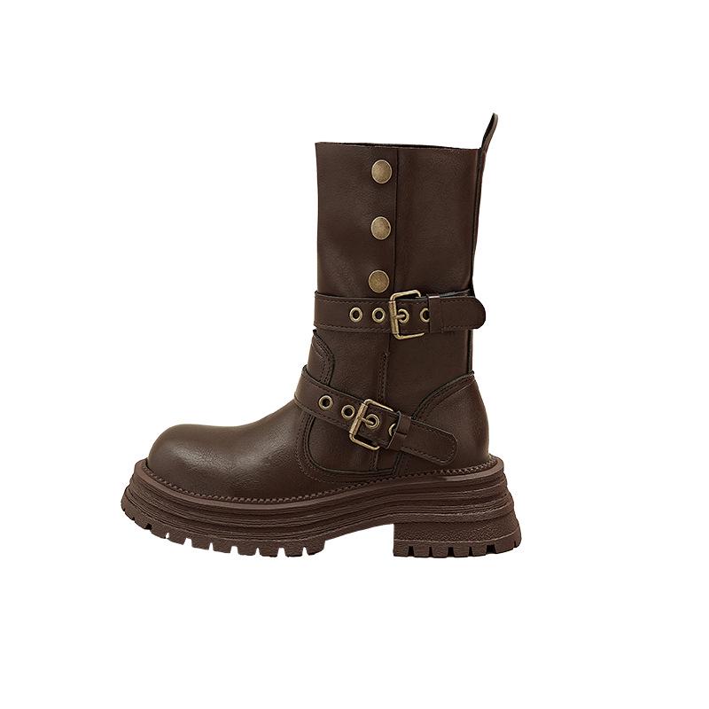 2025 New Women's British Style Martin Boots - Brown Retro Mid-Calf, Perfect for Early Autumn with Skirts