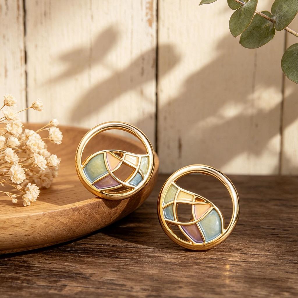 Popular retro color matching enamel earrings round hollow geometric stud earrings daily versatile personality niche earrings
