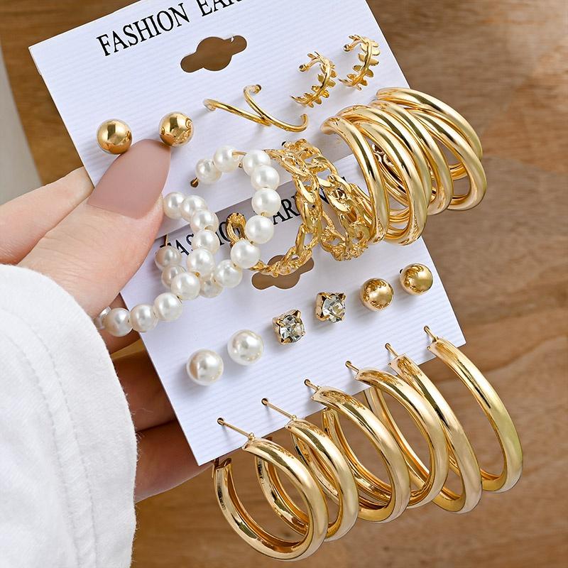 Vintage Gold Geometric Women's Earrings Set Ear Studs Fashion Pearl Circle Hoop Earrings for Women 2022 Trend Female Jewelry Gifts