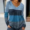 Women's Color Blocked Casual Fashion Long Sleeved V-neck T-shirt Top