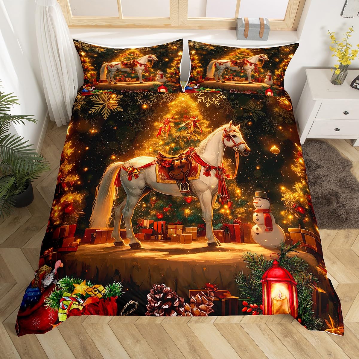 

С Рождеством Постельный комплект Розовый пододеяльник Полный Рождественская елка Снеговик Покрывало Мечтательная снежинка Покрывало 3 шт. EU Single(135x200cm)