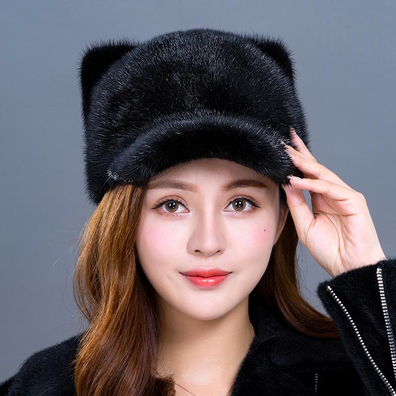 New Mink Hat Women's Cute Cat's ears (Steamed cat-ear shaped bread) Mink Leather Hat Winter Warm Fur  Hat