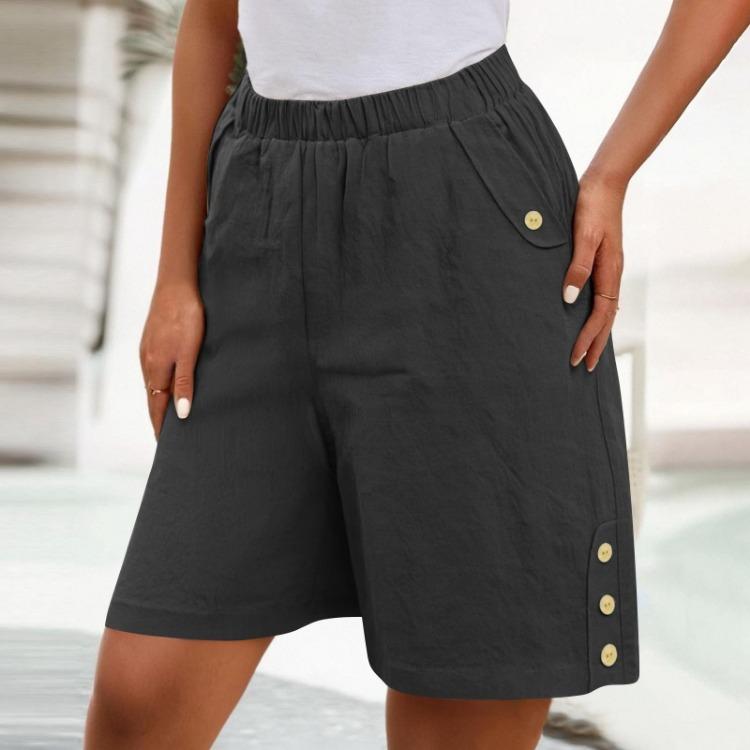 High Waisted Women's Casual Loose Bermuda Shorts With Pockets Knee Length Summer Wide Leg Linen Shorts