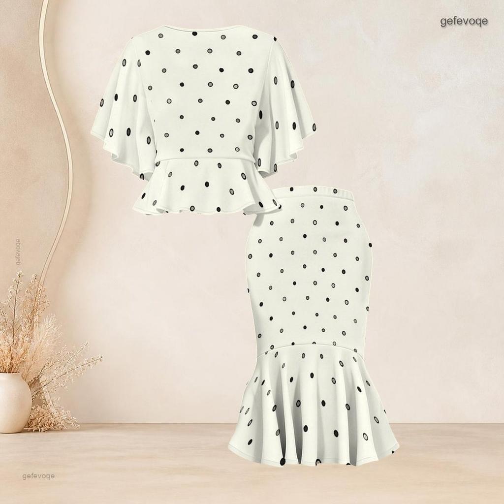 Women Plus Size Two Piece Skirt Set Round Neck Batwing Sleeve Printed Green Black Ruffle Hem Top Fishtail Skirt