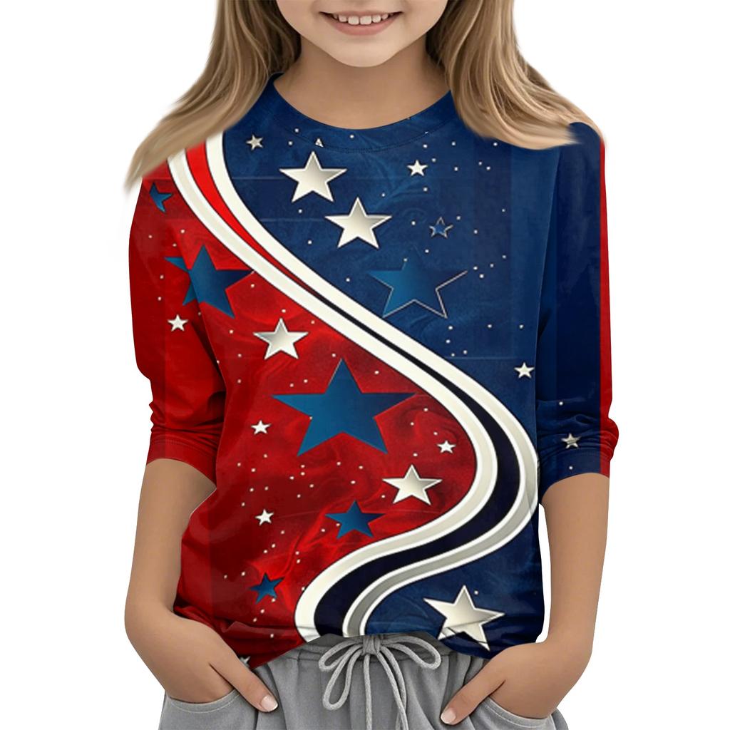 Children's Independence Day Printed Round Neck Seven Quarter Sleeve Casual T-shirt
