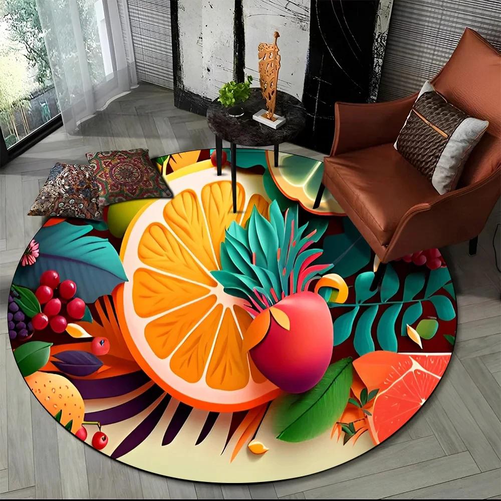 3D Niedlicher Tropenfrucht-Druck Runder Teppich Cartoon Früchte Teppich für Wohnzimmer Schlafzimmer Spielzimmer Badezimmer Dekor Rutschfeste Bodenmatte