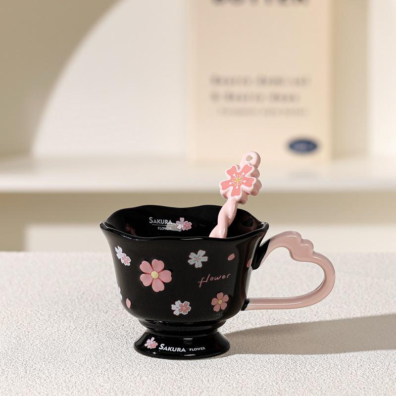 Personalized Cherry Blossom Embossed Ceramic Mug with Spoon – Creative Pink Souvenir Cup