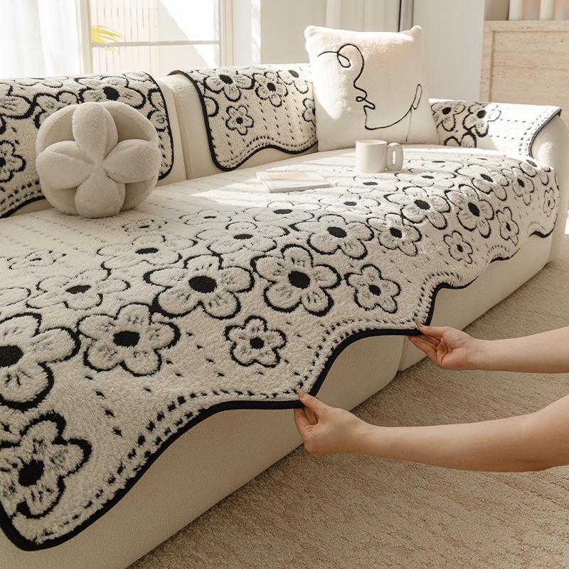 Shu Cotton Velvet Floral Jacquard Non-Slip Sofa Cushion, Thick Cream Style Cover for Autumn/Winter 2025