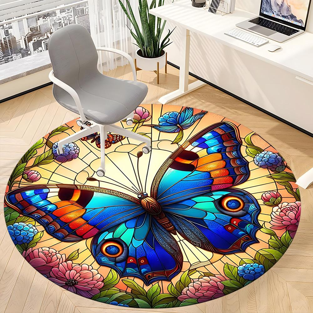 1PC Butterfly Garden Office Round Area Rug, Mat Suitable For Office, Under Office Chairs Bedroom Living Room Home Decor, Room Deco