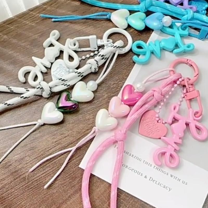 1 Piece   Heart-Shaped Bead Weaving Rope Mobil Phone Pendant Universal Lanyard Bag Key Keychain Accessories Gift