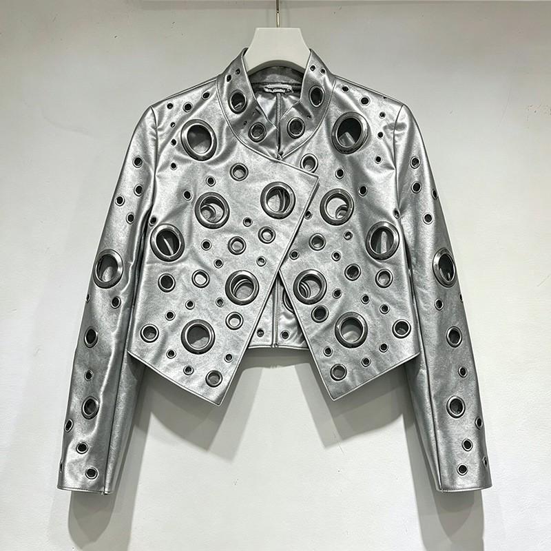 Womens 2026 Patchwork Faux Leather Biker Jacket Stand Collar Cropped Streetwear
