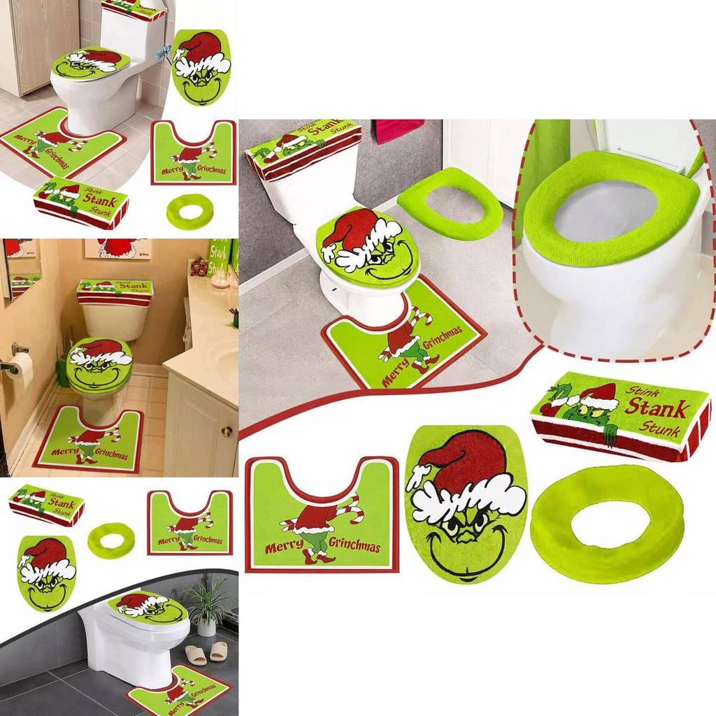 Set Decorazioni Bagno Natale Copriwater e Tappetino Verde Festivo del Grinch