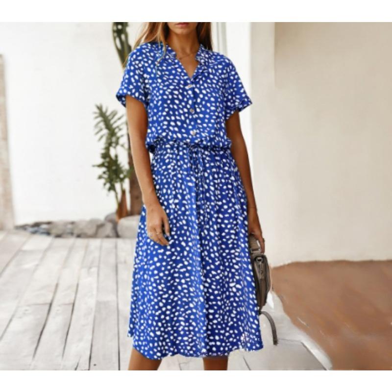 Summer polka dot printed short-sleeved mid-length dress women's fashion all-match elegant temperament
