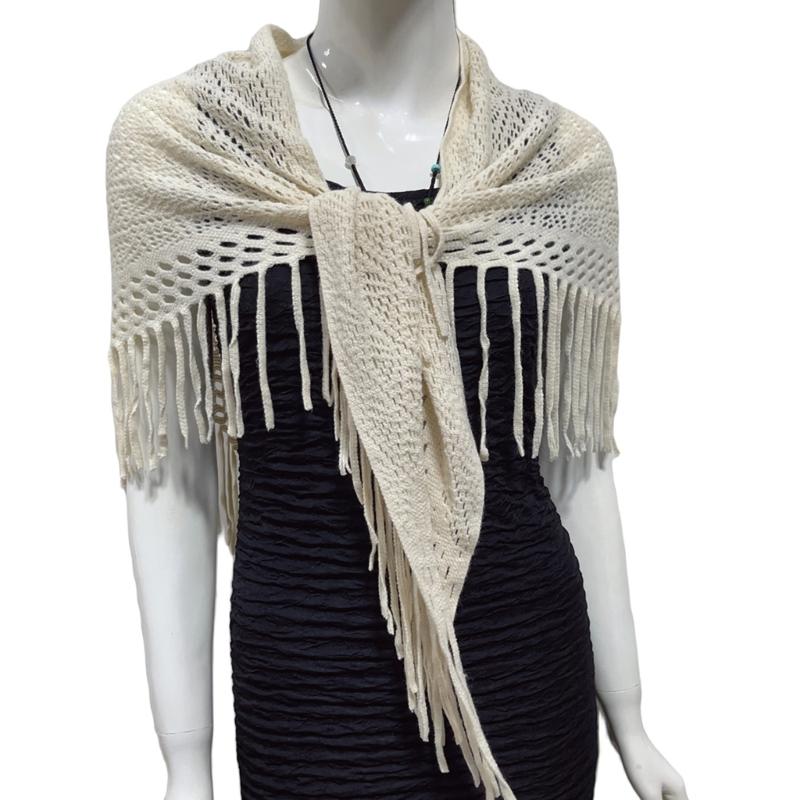 Women's Hollowed Knitted Triangular Scarf Imitation Cashmeres Soft Winter Shawl Wrap Neckerchief Blanket with Fringes